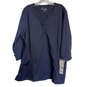 Butter Soft Sz 2X 3/4 Sleeve Top Navy Blue Stretch Medical Nurse Scrubs Button